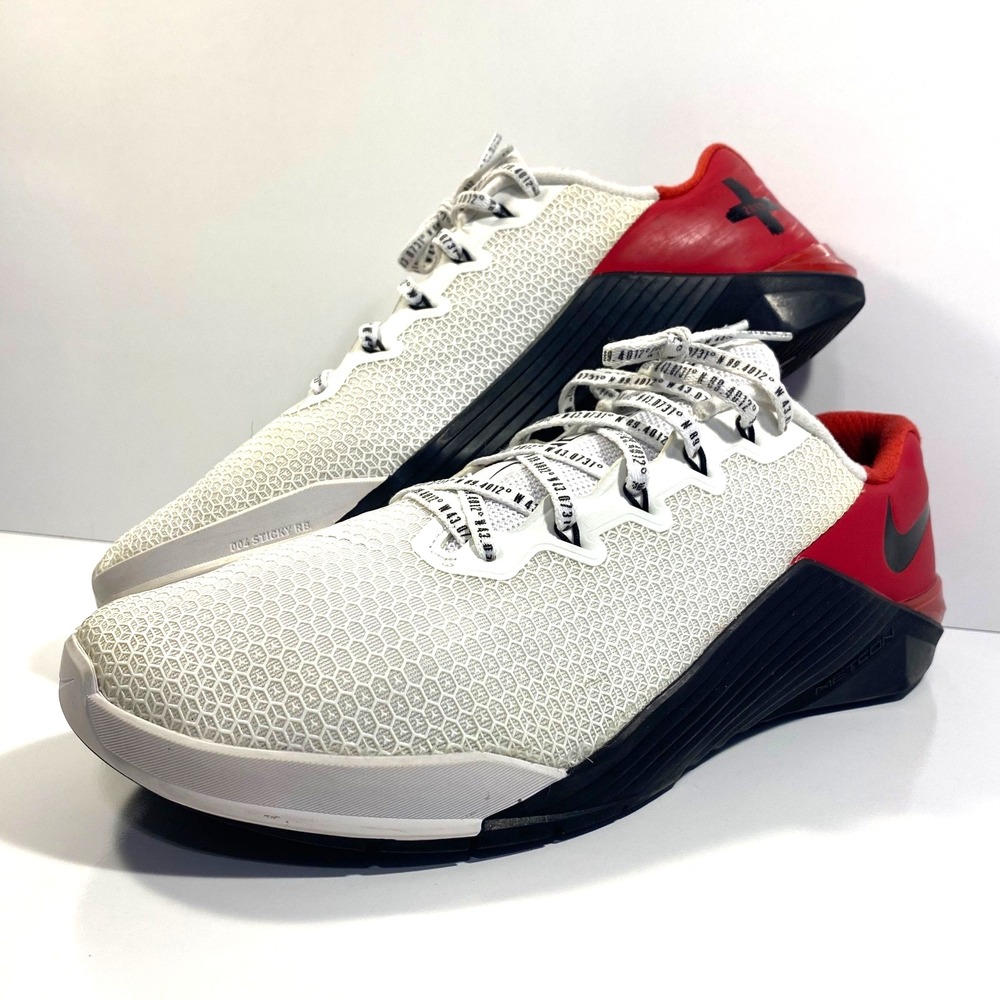 Nike Mens Size 12 Metcon 5 White Red CrossFit Training Gym Sneakers CW0526-106